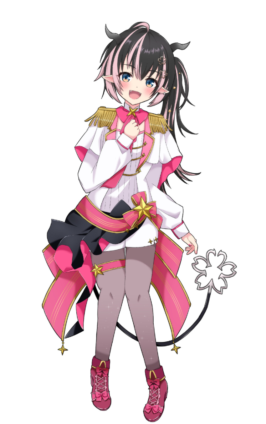 1girl :d ahoge alternate_costume ascot black_hair blue_eyes blush bow coat collar commentary_request demon_girl demon_horns demon_tail earrings epaulettes fangs flower footwear_bow full_body grey_horns grey_pantyhose hair_flower hair_ornament highres horns jewelry long_hair long_sleeves looking_at_viewer medium_bangs multicolored_hair nanashi_inc. oinomori_may one_side_up open_mouth pantyhose pink_ascot pink_bow pink_collar pink_hair pointy_ears red_footwear shoes shorts simple_background single_earring smile solo star_(symbol) tail thigh_strap two-tone_hair virtual_youtuber white_background white_coat white_shorts yamapiyo