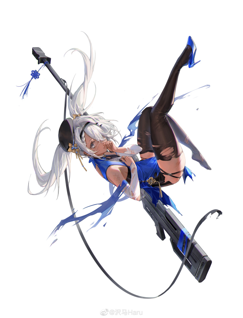 1girl absurdres anti-materiel_rifle arm_tattoo bare_shoulders blue_dress blue_footwear china_dress chinese_clothes dark-skinned_female dark_skin detached_sleeves dress full_body girls'_frontline grey_eyes gun hair_ornament hair_over_one_eye hairband hand_to_own_mouth hat high_heels highres hs.50_(girls'_frontline) hs.50_(sigh_of_the_waterfront_pine)_(girls'_frontline) long_hair looking_at_viewer official_alternate_costume official_art rifle sawamaharu shoe_dangle simple_background sleeveless sleeveless_dress sling sniper_rifle solo steyr_hs_.50 tattoo thighhighs torn_clothes torn_thighhighs twintails weapon weibo_username white_background white_hair