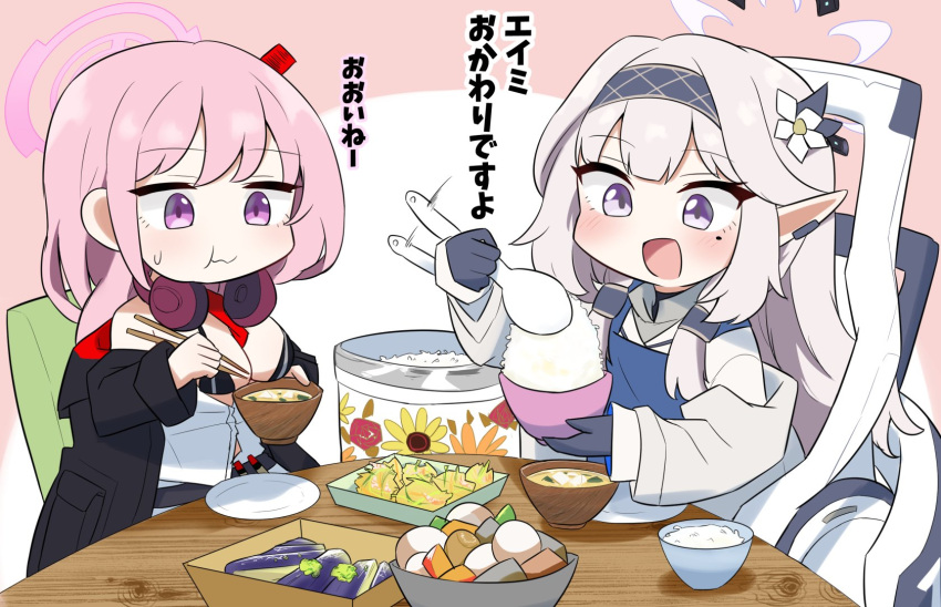 2girls black_gloves black_hairband blue_archive bowl breasts chopsticks cleavage closed_mouth commentary_request eating eimi_(blue_archive) flower gloves grey_hair hair_flower hair_ornament hair_tubes hairband halo headphones headphones_around_neck highres himari_(blue_archive) holding holding_chopsticks large_breasts long_hair long_sleeves mole mole_under_eye multiple_girls open_mouth pink_eyes pink_hair pink_halo pointy_ears purple_eyes purple_halo rice sashu_(thershr6s) sidelocks smile translation_request white_flower