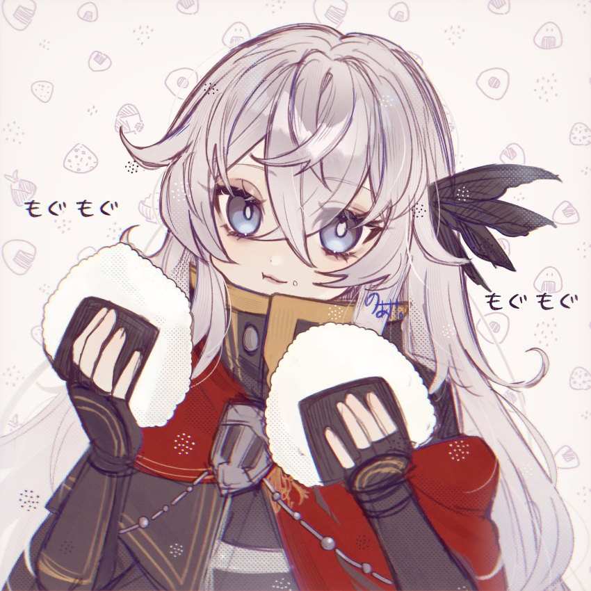 1girl artist_name blue_eyes bright_pupils cape eating fate/grand_order fate_(series) fingerless_gloves food food_on_face gloves grey_hair high_collar highres long_hair noa_pisces onigiri red_cape rice rice_on_face saika_magoichi_(fate) signature translated white_pupils