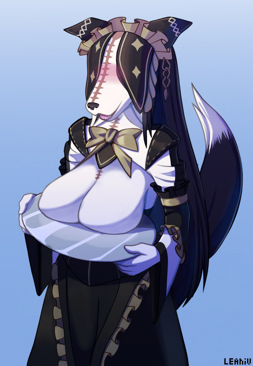 absurd_res anthro big_breasts blush breasts canid canine canis cleavage clothed clothing covered_eyes dipstick_tail domestic_dog dress female fur headdress hi_res leaniv maid_uniform mammal markings open_mouth overlord_(series) pestonya_shortcake_wanko solo tail tail_markings uniform white_body white_fur