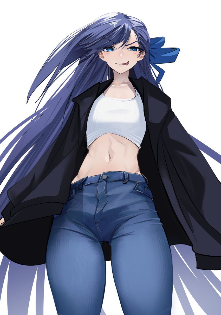 1girl absurdres black_jacket blue_eyes blue_pants blue_ribbon breasts cropped_shirt denim fate/grand_order fate_(series) hair_ribbon highres jacket jeans long_hair long_sleeves looking_at_viewer meltryllis_(fate) midriff navel obazzotto open_clothes open_jacket pants purple_hair ribbon shirt small_breasts smile solo thighs tongue tongue_out very_long_hair white_shirt