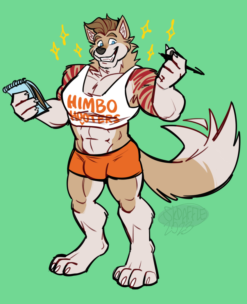 abs absurd_res anthro biceps bottomwear canid canine canis clothed clothing hi_res himbo_hooters jamie_(jethrobuck) male mammal muscular muscular_anthro muscular_male neck_tuft note_pad pecs pectoral_bulge raised_clothing raised_shirt raised_tank_top raised_topwear shirt shorts simple_background skdaffle smile smiling_at_viewer solo tail tail_motion tailwag tank_top topwear tuft uniform wolf