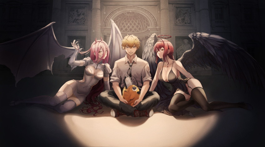 1boy 2girls absurdres angel_wings arm_support arm_up armpit_crease bare_arms bare_shoulders black_dress black_footwear black_necktie black_thighhighs black_wings blonde_hair blood_halo braid braided_ponytail breasts brown_eyes chainsaw_man cleavage closed_mouth clothing_cutout collarbone collared_shirt commentary covered_navel creature cross-laced_footwear cross-shaped_pupils dark demon_girl demon_horns demon_wings denji_(chainsaw_man) detached_sleeves dress film_grain full_body garter_straps gradient_eyes grey_background grey_footwear grin hair_between_eyes hair_spread_out halo hand_in_own_hair high_heels highres holding holding_creature horns indian_style indoors large_breasts light_particles liquid_halo long_hair looking_at_viewer looking_down looking_to_the_side makima_(chainsaw_man) medium_breasts multicolored_eyes multiple_girls necktie open_hand parted_lips pillar pink_eyes pink_hair pochita_(chainsaw_man) power_(chainsaw_man) puffy_short_sleeves puffy_sleeves red_hair red_horns sharp_teeth shiny_skin shirt shoes short_hair short_sleeves shrug_(clothing) side_cutout sidelocks sitting sleeves_rolled_up slime_nyang smile sneakers spaghetti_strap spotlight statue straight_hair symbol-shaped_pupils teeth thighhighs v-shaped_eyebrows very_long_hair white_dress white_footwear white_shirt white_sleeves white_thighhighs white_wings wing_collar wings yellow_eyes yokozuwari zettai_ryouiki zipper zipper_pull_tab