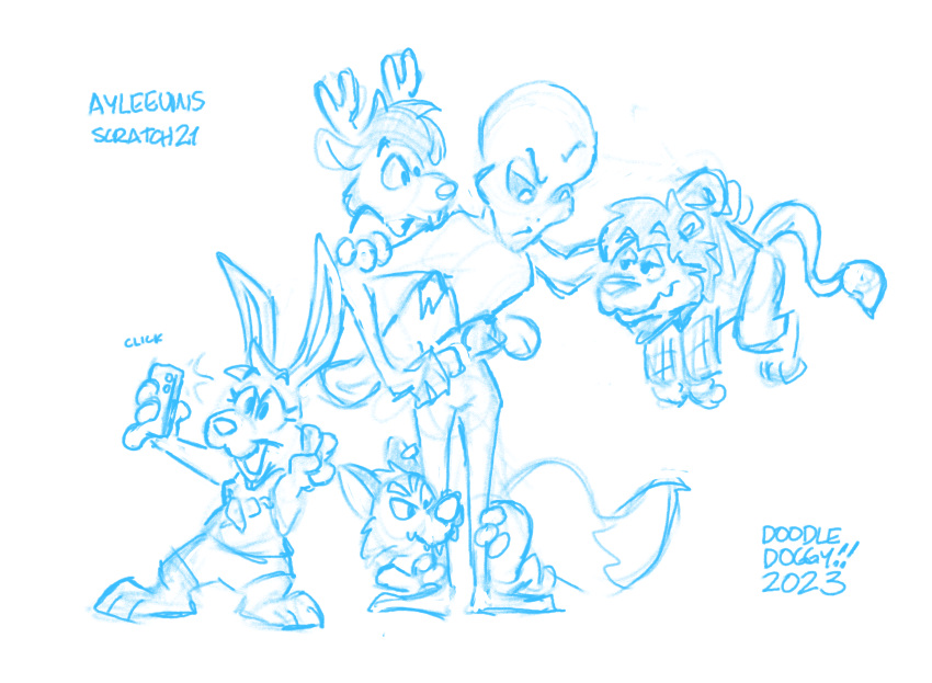 alien alien_humanoid cooper_(scratch21) doodledoggy ed_(scratch21) extraterrestrial hand_on_hip hi_res holding_up_other_character humanoid matt_(scratch21) riley_(scratch21) scratch21 sketch toony