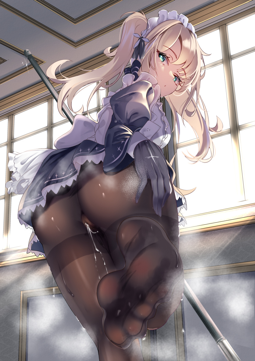 1girl absurdres apron aqua_eyes ass black_dress black_gloves black_pantyhose blonde_hair bow dress eyelashes feet foot_focus foot_out_of_frame foreshortening frilled_apron frills from_behind gloves hair_ornament hand_on_own_ass highres holding indoors juliet_sleeves long_hair long_sleeves looking_at_viewer looking_back maid maid_headdress mashiropp no_shoes original pantyhose parted_bangs puffy_sleeves pussy_juice pussy_juice_stain pussy_juice_trail short_dress smell soles solo standing standing_on_one_leg steaming_body sweatdrop symbol-shaped_pupils thighband_pantyhose twintails white_apron white_bow window