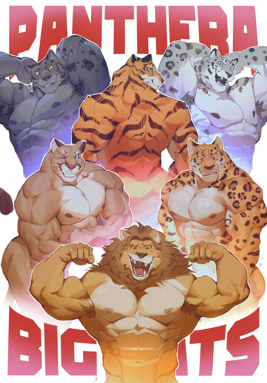 2023 abs absurd_res anthro biceps blue_sclera brown_body brown_fur brown_mane brown_spots brown_stripes colored cougar countershade_torso countershading english_text fangs felid feline flexing front_view fur grey_body grey_countershading grey_fur grey_nipples grey_spots group hands_behind_head hi_res leopard lion looking_at_viewer male mammal mane multicolored_body multicolored_fur muscular muscular_anthro muscular_male nipples nude o_reowoof open_mouth open_smile orange_body orange_fur orange_sclera pantherine pecs pink_nose rear_view simple_background smile spots spotted_body spotted_fur striped_body striped_fur stripes tan_body tan_countershading tan_fur tan_nipples teeth text tiger triceps two_tone_body two_tone_fur whiskers white_background white_body white_countershading white_fur white_whiskers yellow_sclera