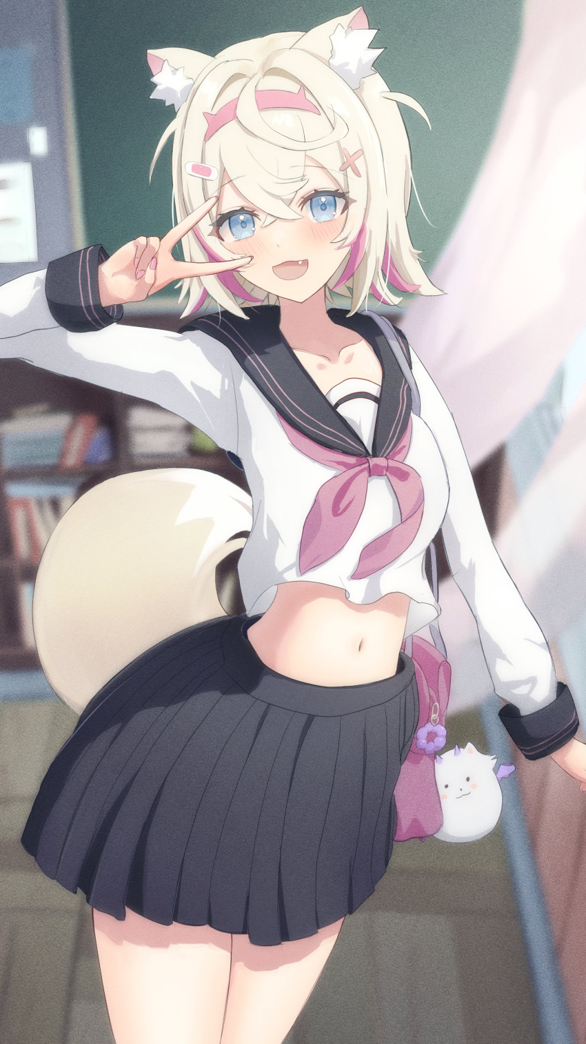 1girl absurdres akahoshi_azu animal_ears bandaid_hair_ornament black_sailor_collar black_skirt blonde_hair blue_eyes blush breasts dog_ears dog_girl dog_tail fang hair_ornament highres hololive hololive_english looking_at_viewer mococo_abyssgard multicolored_hair navel neckerchief open_mouth perroccino_(fuwamoco) pink_hair red_neckerchief sailor_collar school_uniform serafuku shirt skirt small_breasts smile solo streaked_hair tail v_over_eye virtual_youtuber white_serafuku white_shirt x_hair_ornament