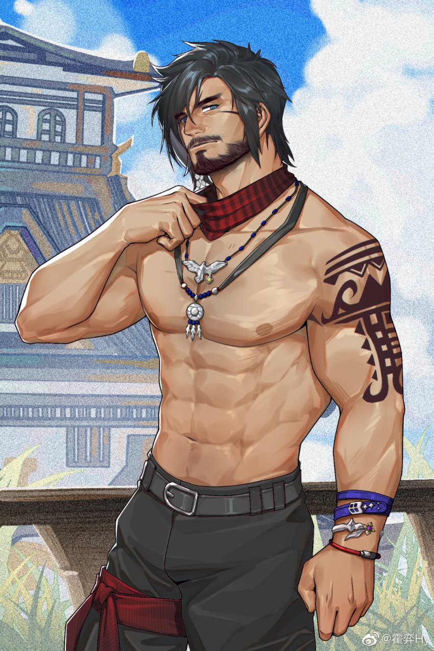 1boy abs bara black_hair blue_sky chinese_commentary commentary_request commission final_fantasy final_fantasy_xiv highres large_pectorals male_focus mature_male muscular muscular_male navel nipples pectorals peterhl second-party_source sky solo stomach textless_version topless_male warrior_of_light_(ff14)