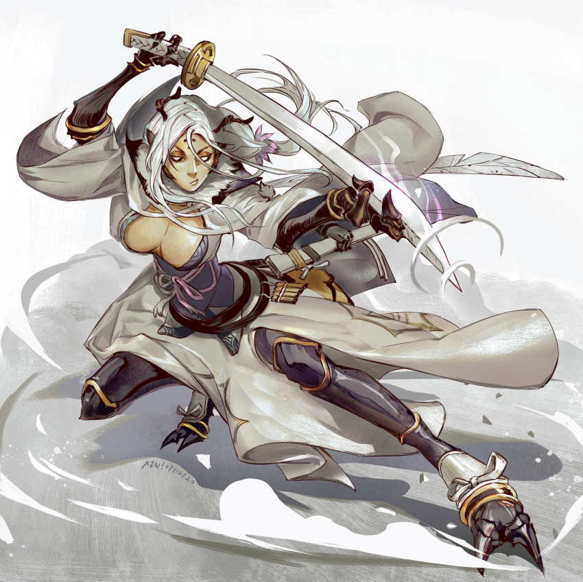 1girl absurdres antennae arthropod_limbs black_sclera carapace colored_sclera colored_skin commission dust_cloud extra_arms grey_hair highres holding holding_sword holding_weapon insect_wings original ponytail scabbard sheath sword wasp_girl weapon wings xinillus yellow_eyes yellow_skin