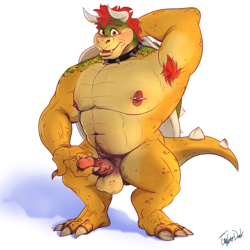 1:1 absurd_res anthro armpit_hair balls belly big_balls blush body_hair bowser bowser_day claws collar erection eyebrows feet genitals hair hi_res horn humanoid_genitalia humanoid_penis koopa male mario_bros musclegut muscular muscular_anthro nintendo nipple_piercing nipples open_mouth penis piercing red_hair scalie shell simple_background solo spiked_collar spiked_shell spikes spikes_(anatomy) tail teeth thick_thighs vein