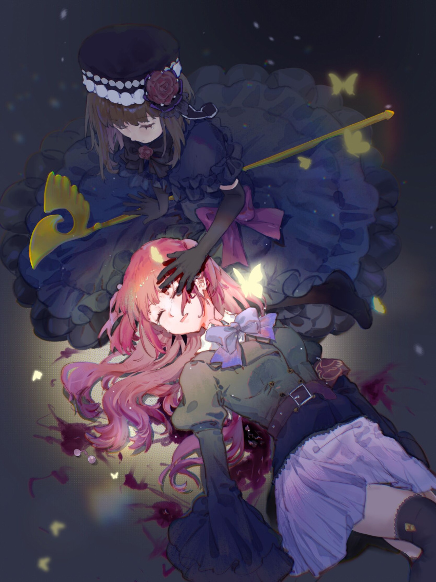 2girls blood bow bowtie brown_hair death dress elbow_gloves eva_beatrice flower gloves hat hat_flower highres long_hair medium_hair multiple_girls on_ground oreo86011490 red_hair scepter school_uniform skirt tears thighhighs umineko_no_naku_koro_ni ushiromiya_ange