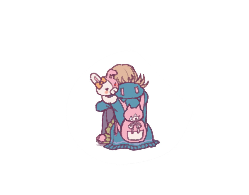 1girl animal_bag backpack bag brown_skirt cat_bag danganronpa_(series) danganronpa_2:_goodbye_despair doll_hug ear_bow from_behind green_jacket grey_background highres hood hooded_jacket jacket knees_up monomi_(danganronpa) nanami_chiaki object_hug pink_bag pleated_skirt simple_background sitting skirt youko-shima