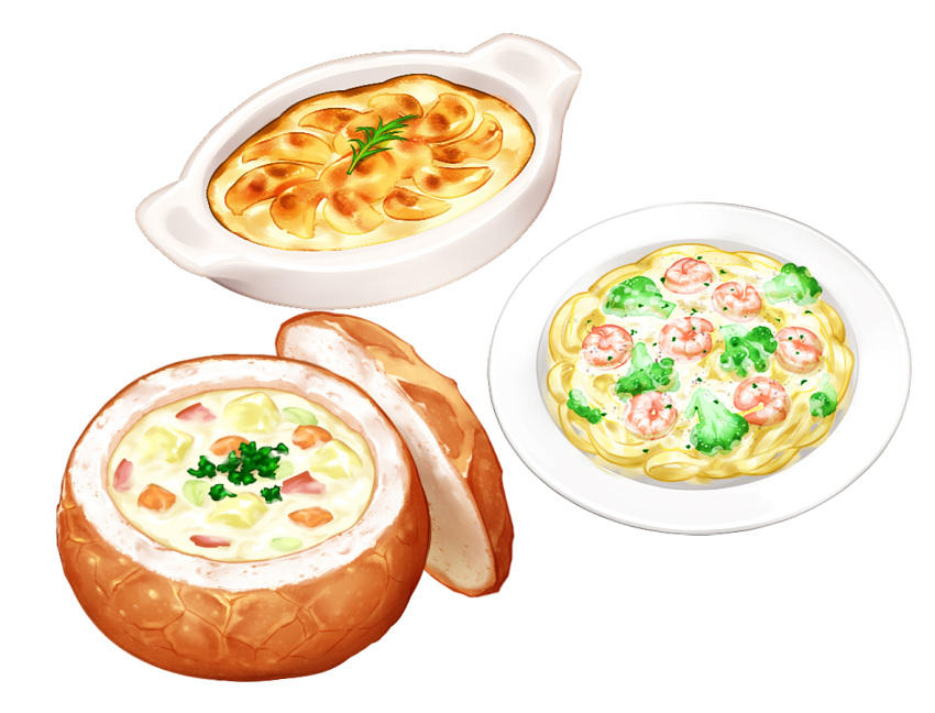 bread_bowl commentary_request food food_focus food_request gratin no_humans original pasta plate shrimp simple_background stew still_life tokie_(tokie-mizu) white_background