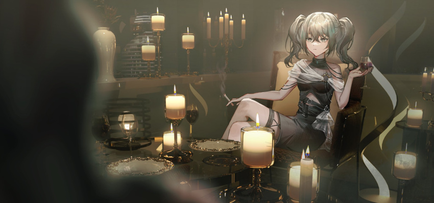 1girl black_dress blurry blurry_foreground candle chair cigarette crossed_legs cup dress drinking_glass grey_hair hair_between_eyes highres holding holding_cigarette indoors long_hair looking_at_another mira_(345toron) original plate sitting smoke smoking solo table thigh_strap twintails wine_glass