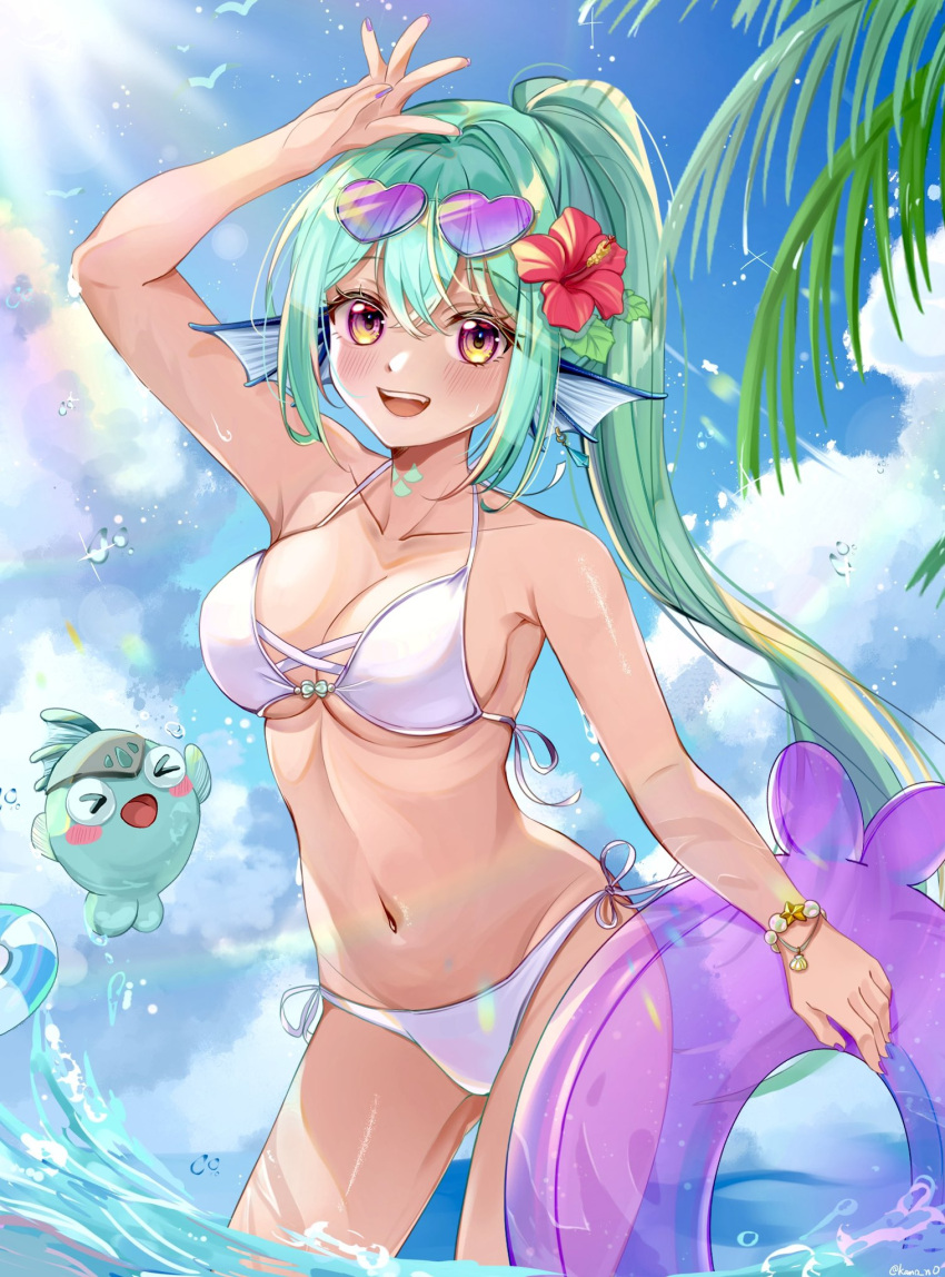 1girl alternate_costume bikini blush bracelet finana_ryugu flower green_hair hair_flower hair_ornament high_ponytail highres in_water jewelry kano3 long_hair neck_tattoo nijisanji nijisanji_en purple_eyes purple_nails red_flower sky solo swimsuit tattoo virtual_youtuber white_bikini