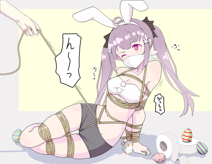 1girl absurdres animal_ears bare_shoulders blush bound breasts cloth_gag collarbone colored_sclera easter_egg egg english_commentary fake_animal_ears full_body gag gagged glaring hand_on_floor highres improvised_gag olivia_(tiedtiki) original over_the_nose_gag purple_hair rabbit_ears rape red_eyes shibari sitting small_breasts sound_effects struggling tied_up_(nonsexual) tiedtiki twintails
