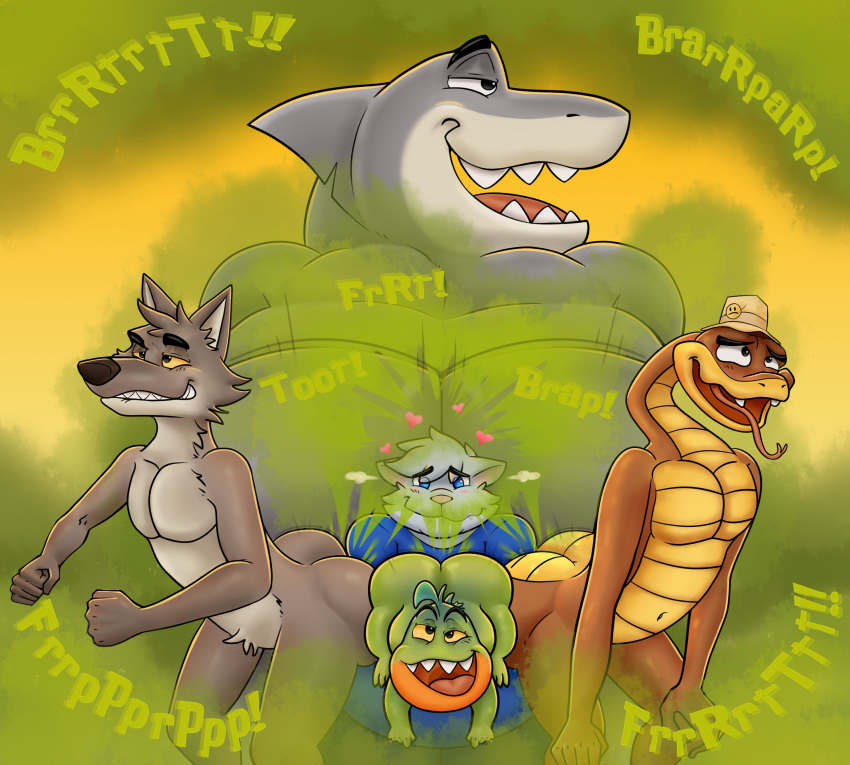 &lt;3 2022 absurd_res anthro big_butt blush brown_body butt canid canine canis clothed clothing crashwolf dreamworks fart fart_cloud fart_fetish fish forked_tongue fully_clothed fur green_body green_butt grey_body grey_butt grey_fur grin group half-closed_eyes hi_res larger_male male mammal marine mr._piranha_(the_bad_guys) mr._shark_(the_bad_guys) mr._snake_(the_bad_guys) mr._wolf_(the_bad_guys) narrowed_eyes nude open_mouth open_smile piranha_(fish) relieved reptile scalie serrasalmid shark size_difference smaller_male smile snake sound_effects teeth the_bad_guys tongue tongue_out wolf yellow_sclera