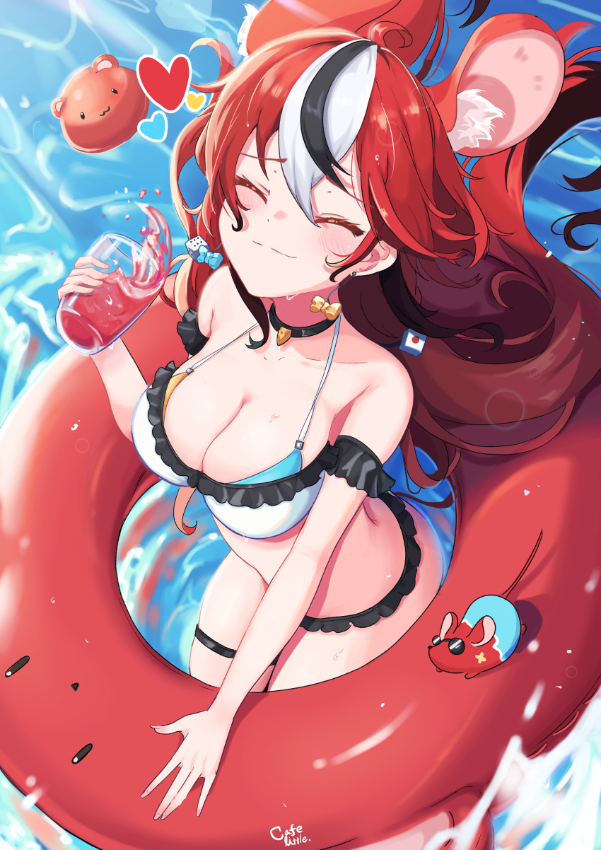 1girl absurdres animal_ears artist_name bikini black_choker bow bow_earrings breasts cafelittle choker cleavage closed_eyes cup drinking_glass earrings frilled_bikini frills from_above hakos_baelz heart highres hololive hololive_english jewelry large_breasts long_hair mouse_ears mr._squeaks_(hakos_baelz) multicolored_hair red_hair red_innertube smile streaked_hair swimsuit virtual_youtuber water white_bikini