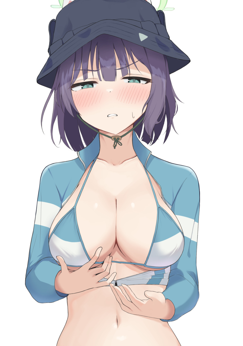 1girl bikini black_headwear blue_archive blush breasts cleavage collarbone green_eyes green_halo halo hat highres large_breasts looking_at_viewer mintchoco_(minchothudong) navel official_alternate_costume open_mouth purple_hair raglan_sleeves rash_guard saki_(blue_archive) saki_(swimsuit)_(blue_archive) short_hair simple_background solo swimsuit upper_body white_background