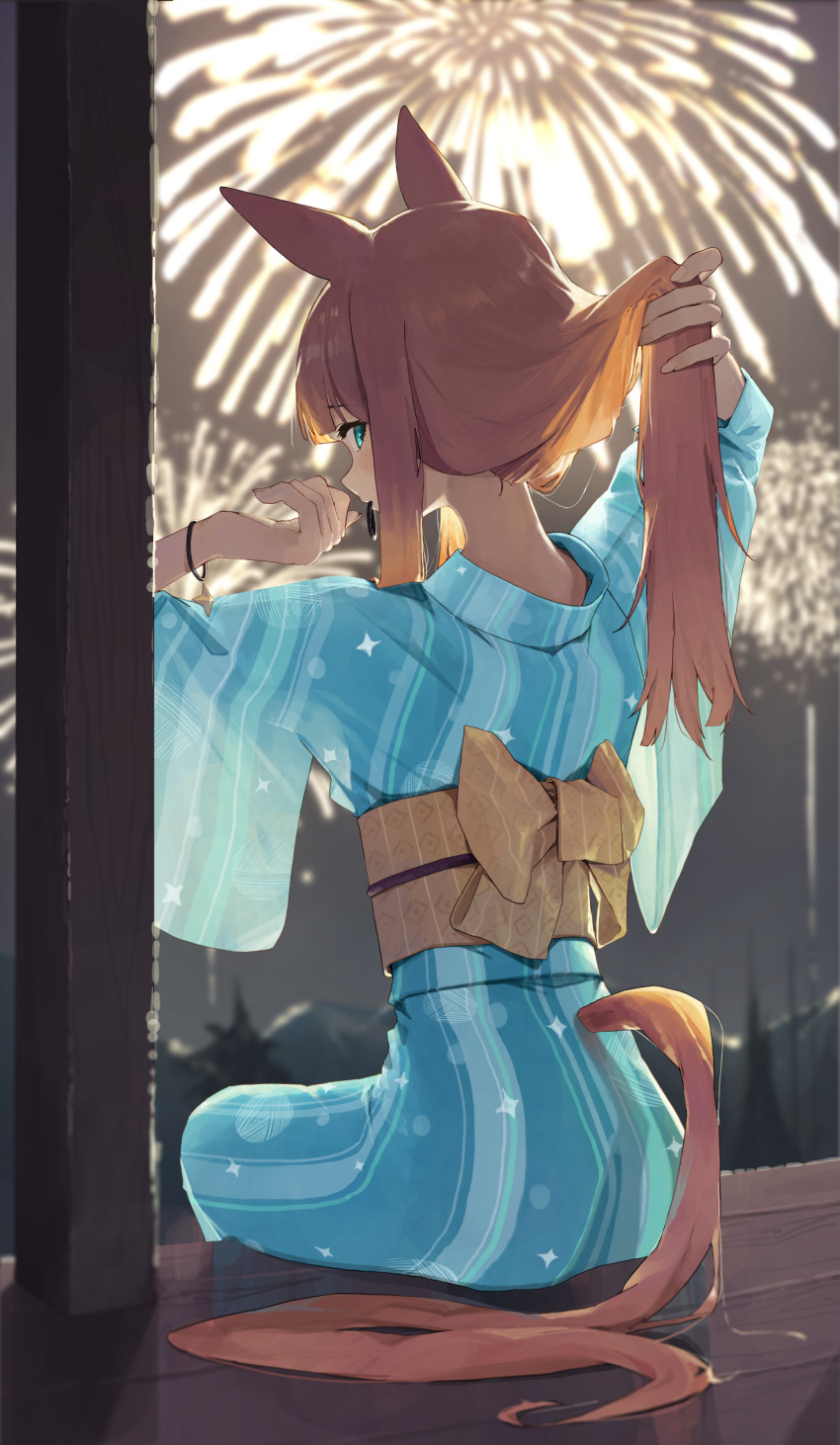 1girl alternate_costume animal_ears arm_up blue_kimono blurry blurry_background blush commentary_request feet_out_of_frame fireworks hair_tie_in_mouth hand_up highres holding holding_hair horse_ears horse_girl horse_tail japanese_clothes kimono long_hair long_sleeves looking_at_viewer looking_back mouth_hold night ningen_gokko obi orange_hair outdoors sash silence_suzuka_(umamusume) sitting solo tail umamusume veranda wide_sleeves yukata