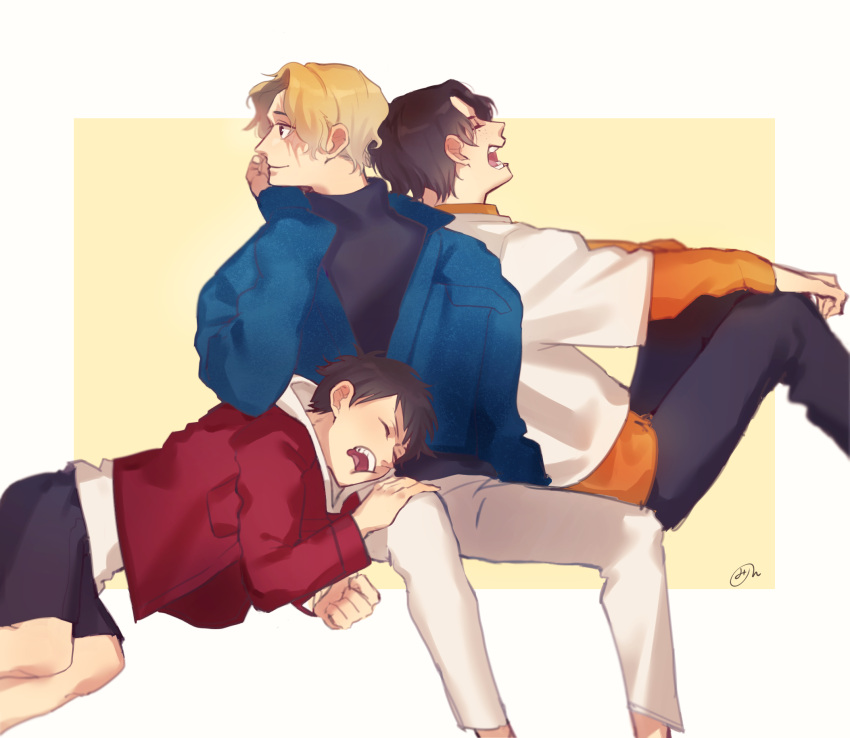 3boys black_hair black_pants black_shorts black_sweater blonde_hair blue_jacket closed_eyes freckles highres jacket long_sleeves lying mirin_(coene65) monkey_d._luffy multiple_boys on_side one_piece open_mouth orange_shirt pants portgas_d._ace red_jacket sabo_(one_piece) shirt short_hair shorts signature sitting sleeping sleeping_on_person smile sweater teeth white_jacket white_pants