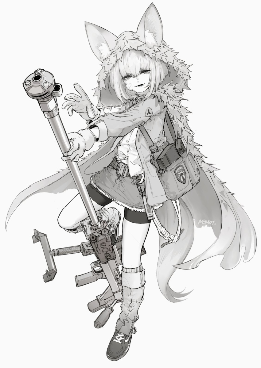 1girl alma01 animal_ears anti-materiel_rifle bag bandage_on_face bandages cloak fox_ears fox_girl fox_tail gloves greyscale gun highres hood jacket looking_at_viewer magazine_(weapon) medium_hair monochrome original rifle satchel shoes shorts skirt sneakers sniper_rifle socks solo tail weapon white_background