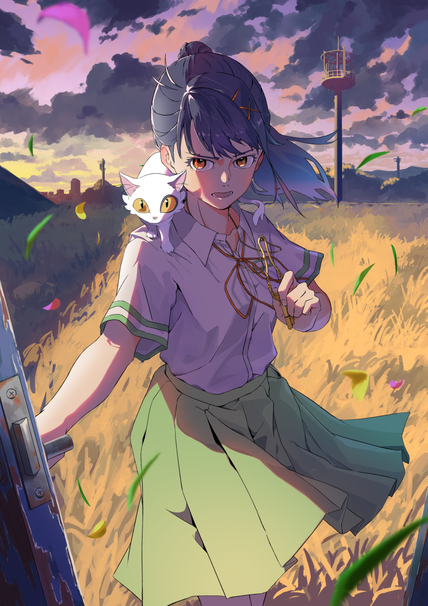 1girl absurdres aku_tako animal_on_shoulder black_hair blurry cat cat_on_shoulder cloud cloudy_sky collared_shirt commentary_request depth_of_field door field green_skirt hand_up highres holding holding_key iwato_suzume key long_hair looking_ahead neck_ribbon open_mouth orange_eyes outdoors pleated_skirt ponytail red_ribbon ribbon school_uniform shirt shirt_tucked_in short_sleeves skirt sky solo suzume_no_tojimari white_shirt wind