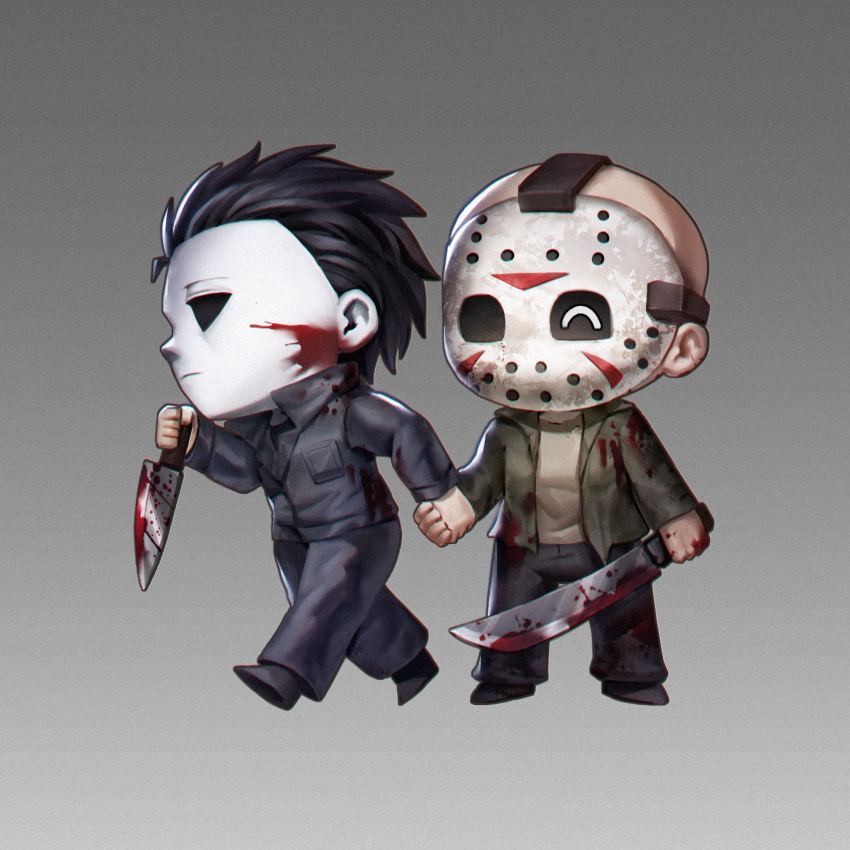 2boys bald black_footwear black_hair black_jacket black_pants blood blood_on_clothes blood_on_face blood_on_knife chibi chinese_commentary closed_mouth collared_jacket commentary_request dead_by_daylight friday_the_13th gradient_background green_jacket grey_background halloween_(movie) highres hockey_mask holding holding_hands holding_knife ina_zuma jacket jason_voorhees knife light_frown long_sleeves mask michael_myers multiple_boys pants pocket shirt shoes short_hair white_mask white_shirt yaoi