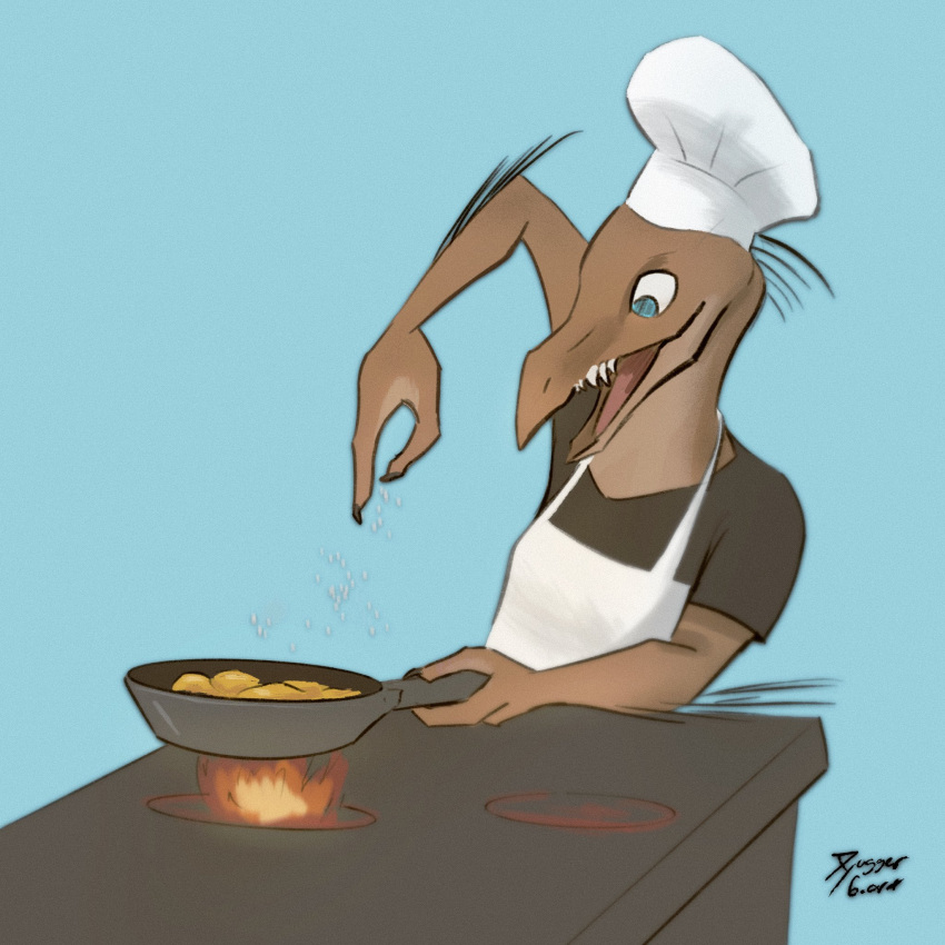 1:1 3_fingers akilae06 alien anthro appliance apron arm_quills blue_eyes brown_clothing brown_shirt brown_topwear chef_hat claws clothed clothing colored cookware finger_claws fingers food frying frying_pan halo_(series) hat headgear headwear hi_res kig-yar kitchen_utensils male microsoft pan pseudo_hair pupils quill_hair quills raised_arm ruuhtian_(kig-yar) salt scalie shaded shirt simple_background simple_shading slit_pupils solo standing stove tan_body tan_skin tools topwear white_apron xbox_game_studios