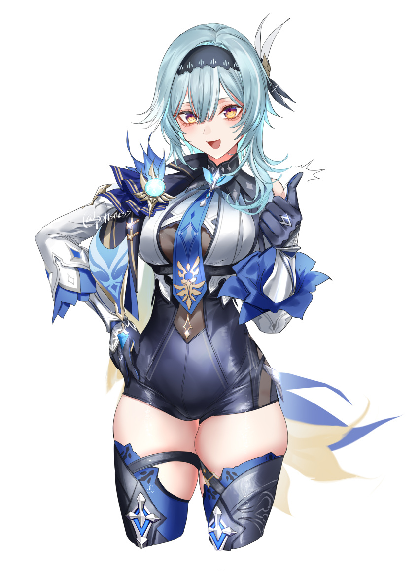 1girl :d absurdres artist_name black_footwear black_hairband black_leotard blue_cape blue_hair blue_necktie bodystocking boots breasts cape chibi chibi_inset clothing_cutout cropped_legs eula_(genshin_impact) genshin_impact genshin_impact_sticker_redraw_(meme) gloves hair_between_eyes hairband highres large_breasts leotard looking_at_viewer medium_hair meme necktie pottsness reference_inset shoulder_cutout simple_background skindentation smile solo standing thigh_boots thigh_strap thighhighs thumbs_up tight_clothes vision_(genshin_impact) white_sleeves yellow_eyes