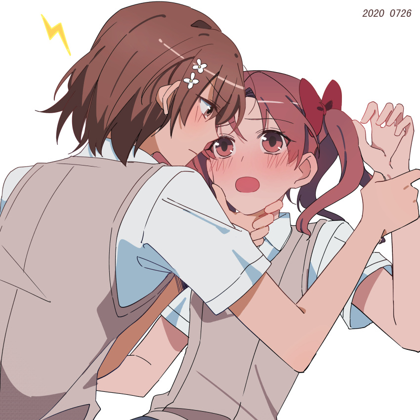 2girls :o absurdres bare_arms blush bow brown_eyes brown_hair commentary dated eye_contact flower grey_vest hair_bow hair_flower hair_ornament hand_on_another's_chin highres holding_another's_wrist huakuiliehuo lightning_bolt_symbol long_hair looking_at_another misaka_mikoto multiple_girls open_mouth red_bow school_uniform shirai_kuroko shirt short_hair short_sleeves simple_background toaru_kagaku_no_railgun toaru_majutsu_no_index tokiwadai_school_uniform twintails vest white_background white_shirt yuri