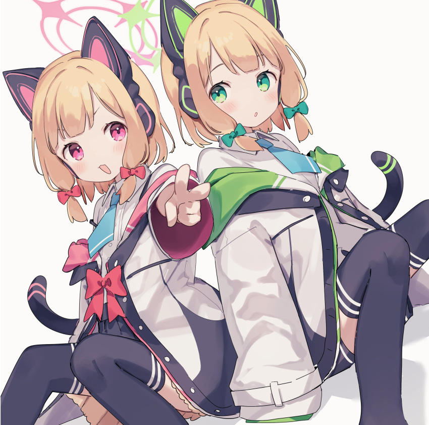 2girls :3 :o absurdres animal_ear_headphones animal_ears black_pants black_skirt black_thighhighs blonde_hair blue_archive blue_necktie blush bow cat_ears cat_tail collared_shirt commentary fake_animal_ears green_bow green_eyes green_hood hair_bow halo headphones highres jacket knees_up long_sleeves looking_at_viewer midori_(blue_archive) momoi_(blue_archive) multiple_girls necktie open_mouth pants pink_halo pink_hood red_bow red_eyes shiratakiseaice shirt short_hair siblings simple_background sisters sitting skirt tail thighhighs twins v v-shaped_eyebrows white_background white_jacket white_shirt