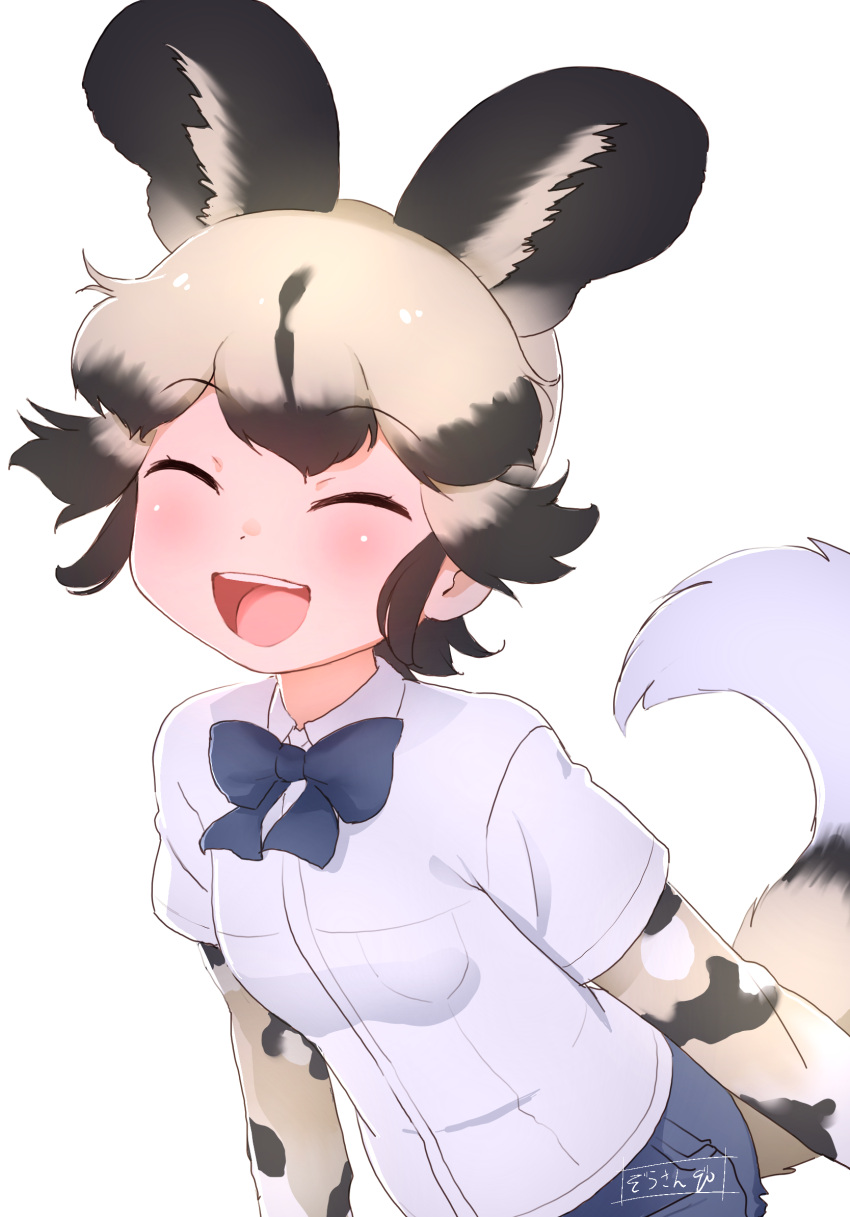 1girl african_wild_dog_(kemono_friends) african_wild_dog_print animal_ears blush bow bowtie closed_eyes dog_ears dog_tail highres kemono_friends kemono_friends_3 layered_sleeves long_sleeves masuyama_ryou multicolored_hair open_mouth shirt short_hair short_over_long_sleeves short_sleeves shorts smile solo tail