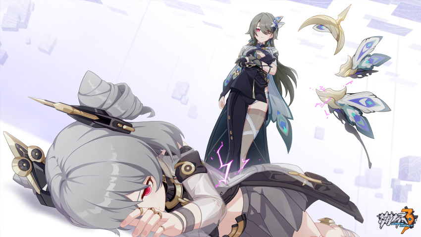 2girls black_dress black_gloves black_headwear chinese_commentary closed_mouth dress drill_hair gloves grey_hair grey_skirt hair_over_one_eye highres honkai_(series) honkai_impact_3rd joints logo long_hair looking_at_another multiple_girls official_art official_wallpaper on_floor prometheus_(honkai_impact) red_eyes skirt sparkle spoilers standing thighhighs vita_(honkai_impact) white_background yellow_pupils