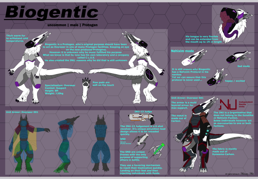 absurd_res anthro armor biogentic_(protogen) breastplate claws clothing coat concept_art crotchplate cybernetic_leg cybernetic_limb cybernetics drone ear_tuft ears_back ears_up front_view fur gun handgun headshot_portrait hi_res horn hunamarts inner_ear_fluff machine male mammal model_sheet mouth_shot multi_ear neck_tuft open_mouth pawpads paws pivoted_ears portrait protogen protogen_visor purple_eyes ranged_weapon rear_view revolver solo text thick_thighs tongue tongue_out topwear tuft visor weapon white_body white_fur