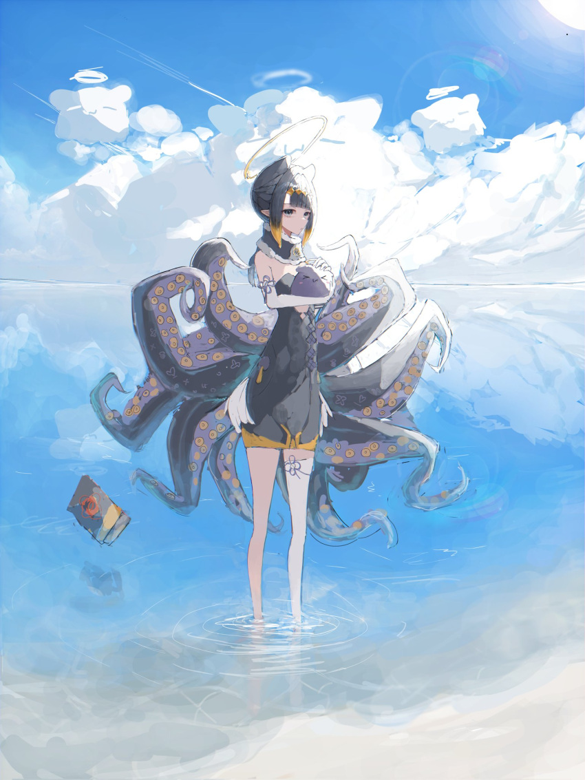 &gt;3&lt; 1girl black_dress black_hair blunt_bangs book choker cloud cloudy_sky detached_sleeves diamond_hairband dress floating floating_book floating_object fur-trimmed_choker fur-trimmed_collar fur_trim gradient_hair halo highres hololive hololive_english hurybone low_wings multicolored_hair ninomae_ina'nis ninomae_ina'nis_(1st_costume) orange_hair pointy_ears purple_eyes purple_hair single_detached_sleeve single_thighhigh sky strapless strapless_dress takodachi_(ninomae_ina'nis) tentacle_hair tentacles thighhighs tube_dress virtual_youtuber wings