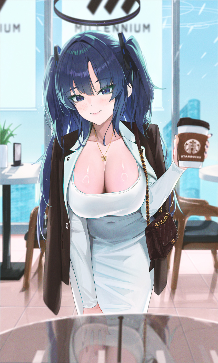 1girl absurdres bag black_coat blue_archive blush breasts cleavage closed_mouth coat coat_on_shoulders coffee_cup collarbone cosplay cup disposable_cup dongtan_lady_(k_pring) dongtan_lady_(k_pring)_(cosplay) dress fieryonion floor highres holding holding_cup indoors jewelry large_breasts leaning_forward long_hair long_sleeves looking_at_viewer pendant purple_eyes purple_hair shoulder_bag smile solo starbucks table two_side_up white_dress yuuka_(blue_archive)