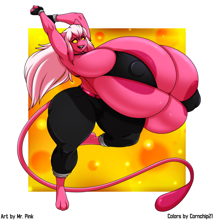 alternate_species anthro areola big_breasts bottomwear bra breasts clothing cornchip21 female fingerless_gloves generation_1_pokemon gloves hair handwear hi_res huge_breasts huge_thighs hyper hyper_breasts legendary_pokemon looking_at_viewer mew_(pokemon) mr.pink nintendo nipple_outline open_mouth pants pink_areola pink_body pokemon pokemon_(species) solo temp_the_imp thick_thighs underwear white_hair yellow_eyes