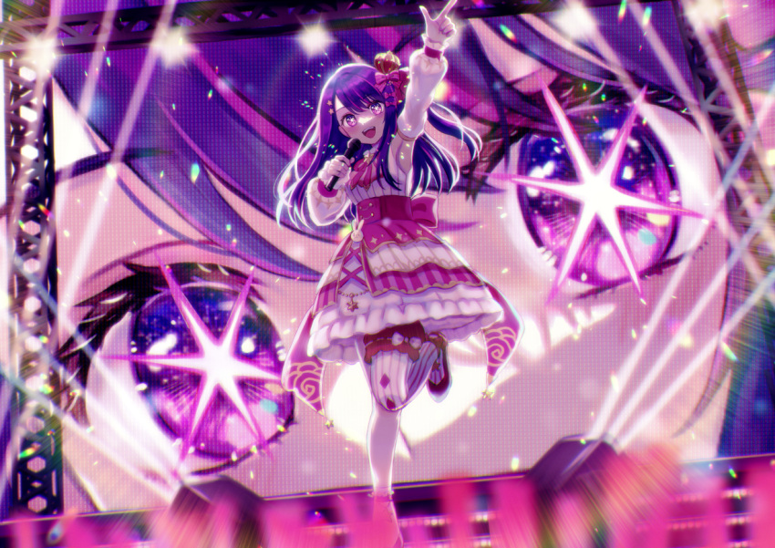 1girl alternate_costume asymmetrical_legwear blurry blurry_foreground blush bow chromatic_aberration commentary_request crown detached_sleeves dress frilled_dress frilled_sleeves frills glowstick hair_bow hair_ornament hair_ribbon holding holding_microphone hoshino_ai_(oshi_no_ko) idol idol_clothes index_finger_raised long_hair microphone mini_crown mismatched_legwear multicolored_hair murabitot one_side_up open_mouth oshi_no_ko pink_bow pink_hair puffy_sleeves purple_eyes purple_hair rabbit_ornament ribbon screen sleeveless sleeveless_dress smile stage stage_lights star-shaped_pupils star_(symbol) star_hair_ornament streaked_hair striped striped_thighhighs swept_bangs symbol-shaped_pupils teeth thighhighs upper_teeth_only vertical-striped_thighhighs vertical_stripes