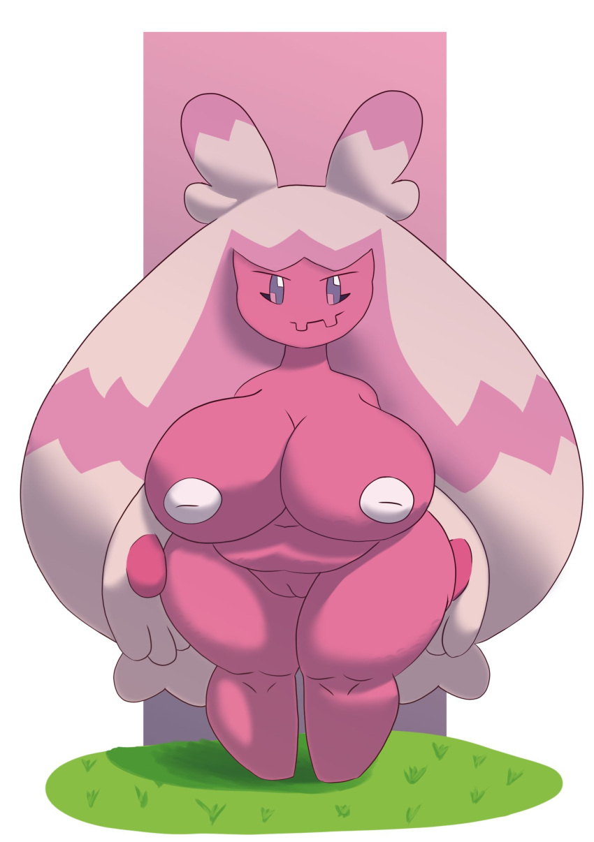 areola big_breasts breasts female generation_9_pokemon genitals hi_res huge_breasts humanoid inverted_nipples lovesickliammm navel nintendo nipples not_furry nude pink_body pokemon pokemon_(species) purple_eyes pussy slightly_chubby smile solo thick_thighs tinkaton white_areola wide_hips