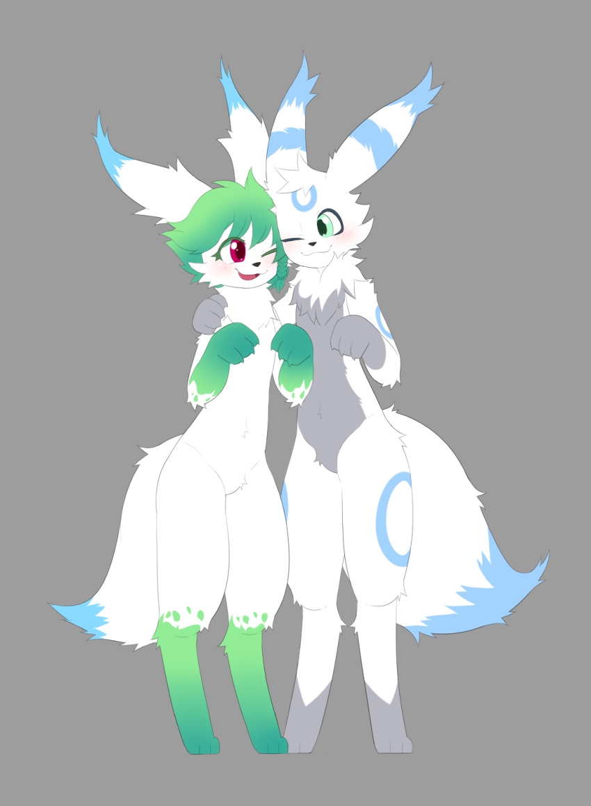 2023 3_fingers 3_toes anthro black_nose blue_body blue_eyes blue_fur blush cheek_tuft cream_(umbreon) duo eeveelution facial_tuft feet female fingers fur generation_2_pokemon generation_4_pokemon green_body green_fur grey_background grey_body grey_fur hi_res honey_(shaymin) legendary_pokemon looking_at_another male nintendo open_mouth paws pokemon pokemon_(species) pose red_eyes shaymin simple_background sky_forme_shaymin splashjc1 toes tongue tuft umbreon white_body white_fur