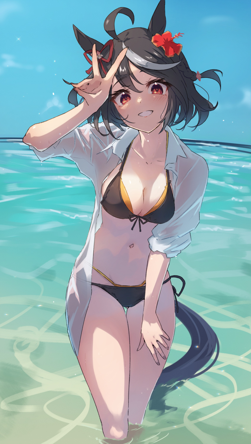 1girl absurdres alternate_costume animal_ears bikini black_bikini black_hair blue_sky blush breasts collared_shirt commentary_request flower hair_flower hair_ornament hand_up highres horizon horse_ears horse_girl horse_tail kitasan_black_(umamusume) looking_at_viewer multicolored_hair navel ocean open_clothes open_shirt outdoors red_eyes red_flower shirt short_hair sky sleeves_rolled_up small_breasts smile solo stomach streaked_hair swimsuit tail two_side_up umamusume v wading white_hair white_shirt yakousei_a