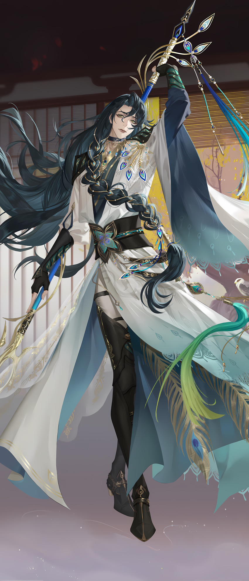 1boy absurdres black_choker braid chinese_clothes choker closed_mouth code:_kite feathers full_body highres holding holding_weapon long_hair long_sleeves looking_at_viewer male_focus official_art peacock_feathers single_braid solo weapon wen_chou_(code:_kite)