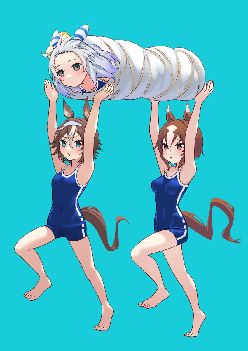 3girls animal_ears armpits arms_up bamboo_memory_(umamusume) blue_background blue_eyes breasts brown_hair collarbone commentary_request empty_eyes grey_hair hair_between_eyes hair_ornament highres hishi_miracle_(umamusume) horse_ears horse_tail looking_at_another medium_breasts multiple_girls nabe_puyo red_eyes school_swimsuit swimsuit tail umamusume wrapped yaeno_muteki_(umamusume)