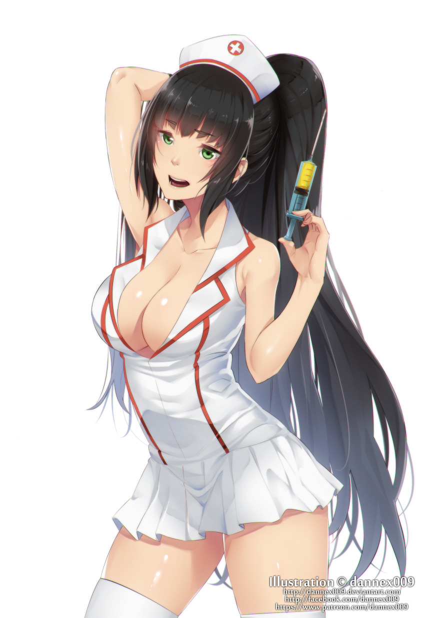 1girl absurdres akali akali_(legacy) alternate_breast_size arm_up armpit_peek bare_shoulders black_hair breasts cleavage collarbone commentary cowboy_shot dannex009 dress english_commentary green_eyes hat high_ponytail highres holding holding_syringe large_breasts league_of_legends long_hair looking_at_viewer nurse nurse_akali nurse_cap open_mouth patreon_username ponytail sleeveless sleeveless_dress solo syringe thighhighs very_long_hair watermark web_address white_thighhighs zettai_ryouiki