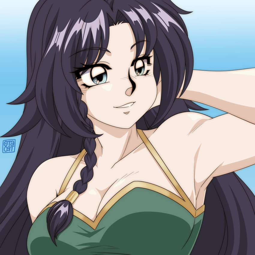 0tacat 1girl absurdres arm_behind_head black_hair blue_eyes borrowed_character braid breasts camisole cleavage commentary commission english_commentary hand_in_own_hair highres large_breasts long_hair looking_to_the_side original portrait side_braid signature smile solo