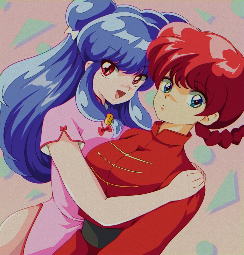 2girls blue_eyes blue_hair bow braid braided_ponytail breasts chinese_clothes circle closed_mouth double_bun hair_bun highres hug multiple_girls open_mouth ranma-chan ranma_1/2 red_bow red_hair retro_artstyle shampoo_(ranma_1/2) tamo_(oioi_shinuwa) triangle white_bow