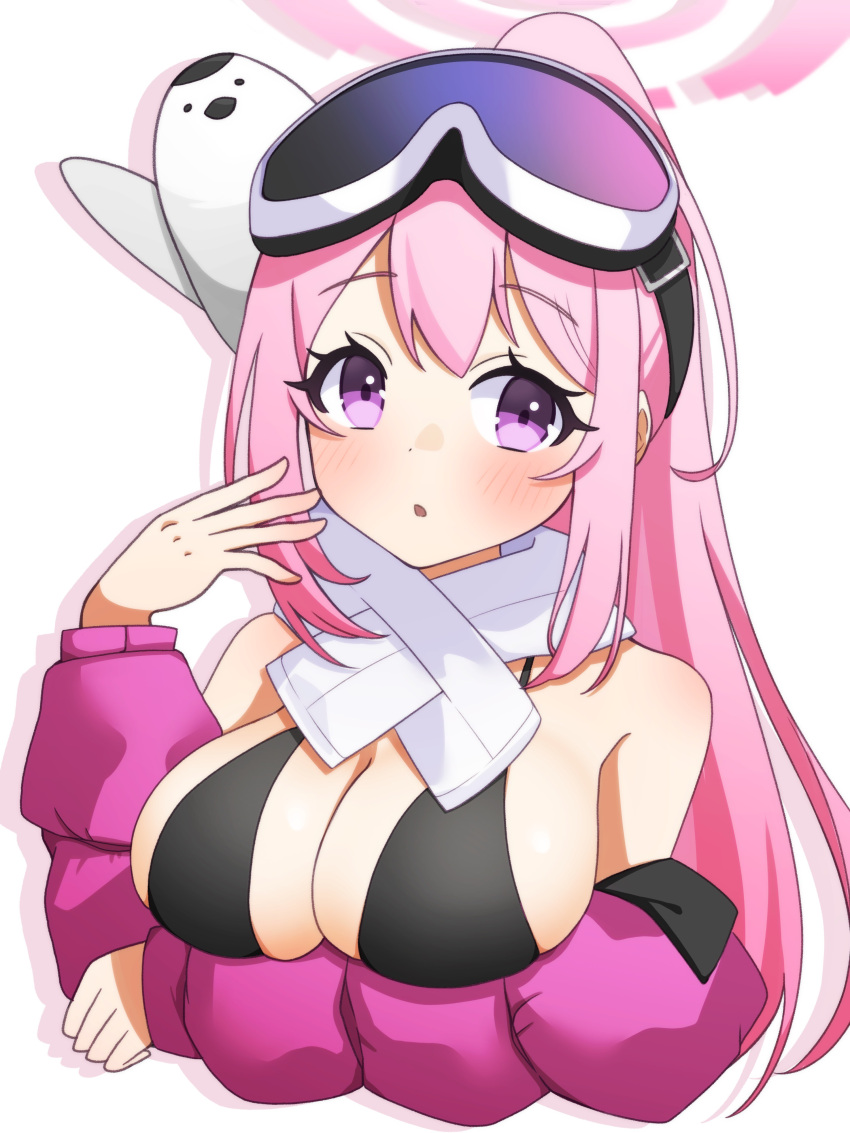 1girl absurdres animal bikini bird black_bikini blue_archive blush breasts cleavage eimi_(blue_archive) eimi_(swimsuit)_(blue_archive) goggles goggles_on_head halo highres jacket large_breasts long_hair long_sleeves official_alternate_costume open_clothes open_jacket parted_lips penguin petako_(ptpt_k) pink_eyes pink_hair pink_halo pink_jacket simple_background solo swimsuit upper_body very_long_hair white_background
