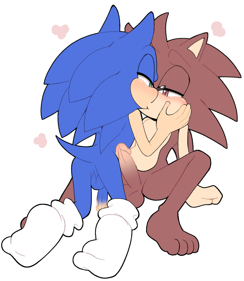 2023 absurd_res anthro blue_body blush brown_body brown_eyes clothing duo eulipotyphlan eyes_closed fan_character footwear footwear_only genitals green_eyes hedgehog hi_res kissing male male/male mammal mostly_nude nude penis sega senshion simple_background socks socks_only sonic_the_hedgehog sonic_the_hedgehog_(series)